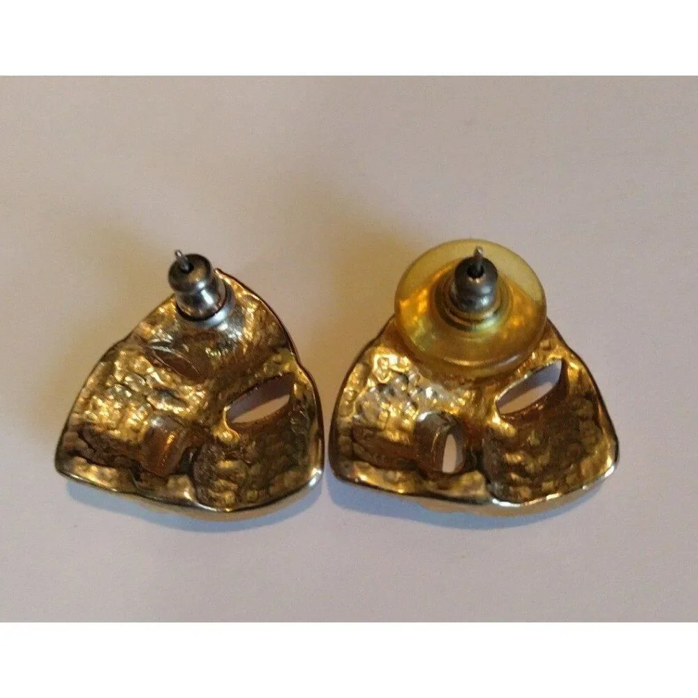Vintage Peach Enamel Earrings Triangle Shaped Peach and Gold
